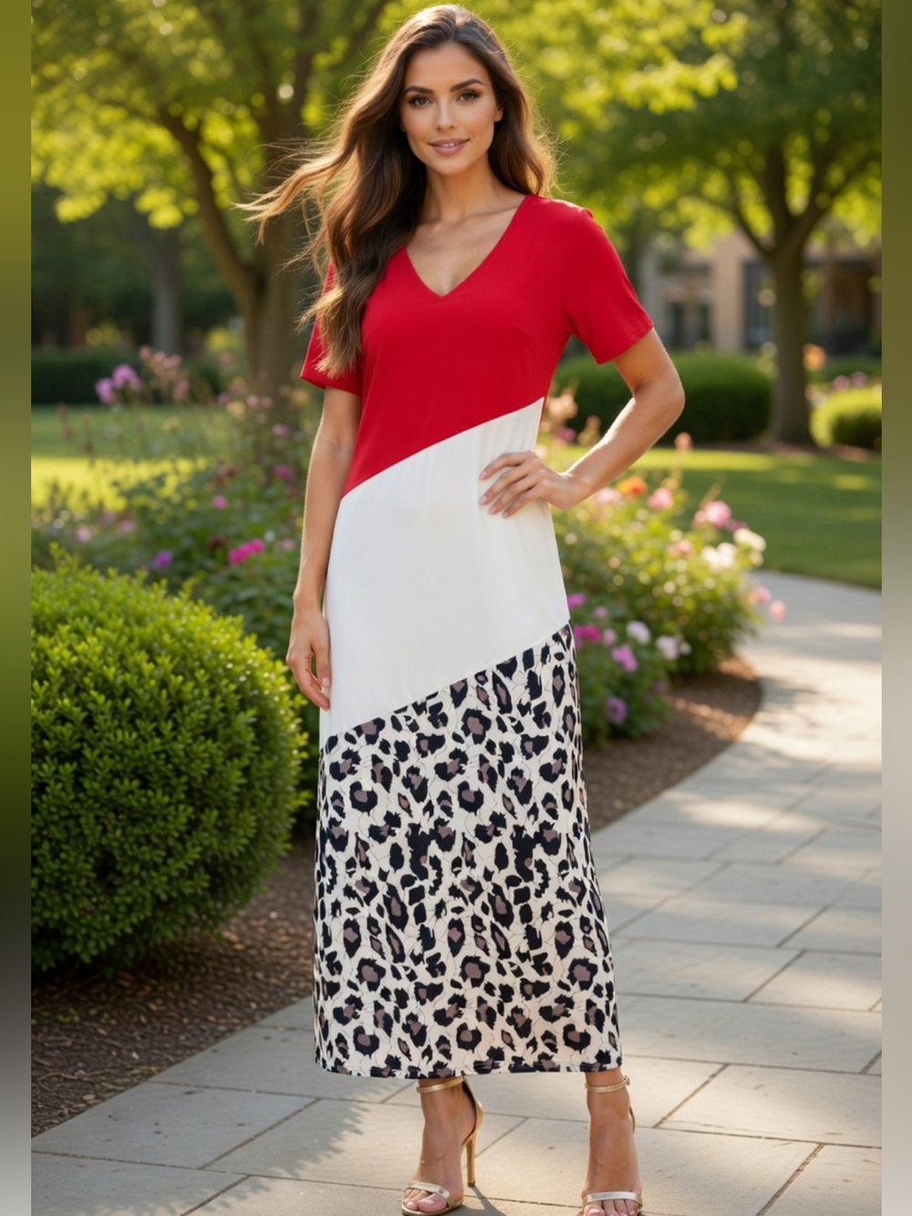 CHIC RED WHITE Leopard Print Spring Dress Pockets Slits Medium